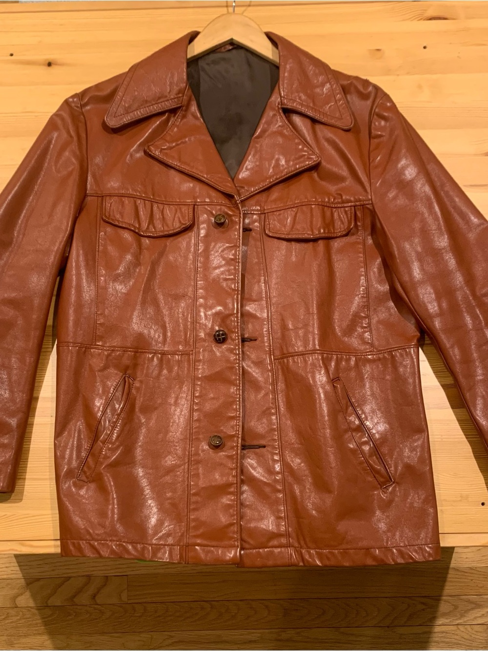 Men's Red-Brown Faux Leather Button-Front Jacket